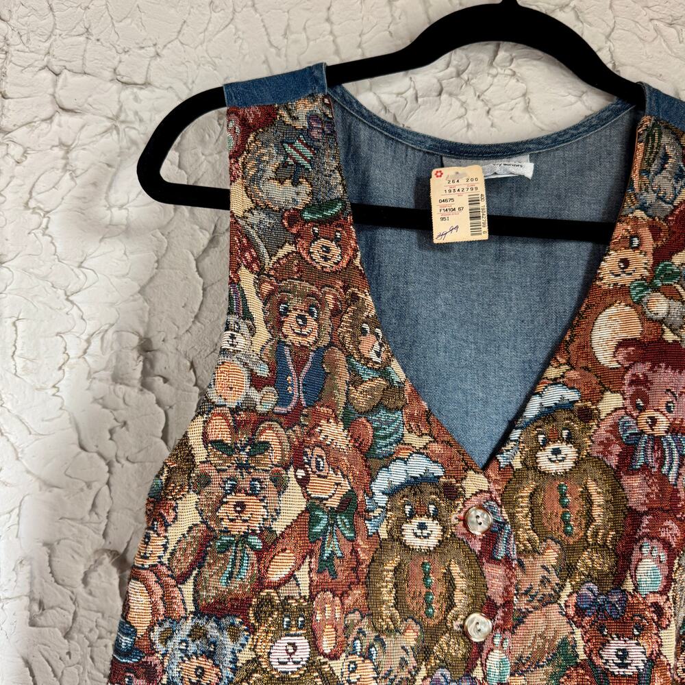 Vintage 90s Teddy Bear Tapestry Denim Dress | Cottagecore Prairie Dress - Picture 2 of 10